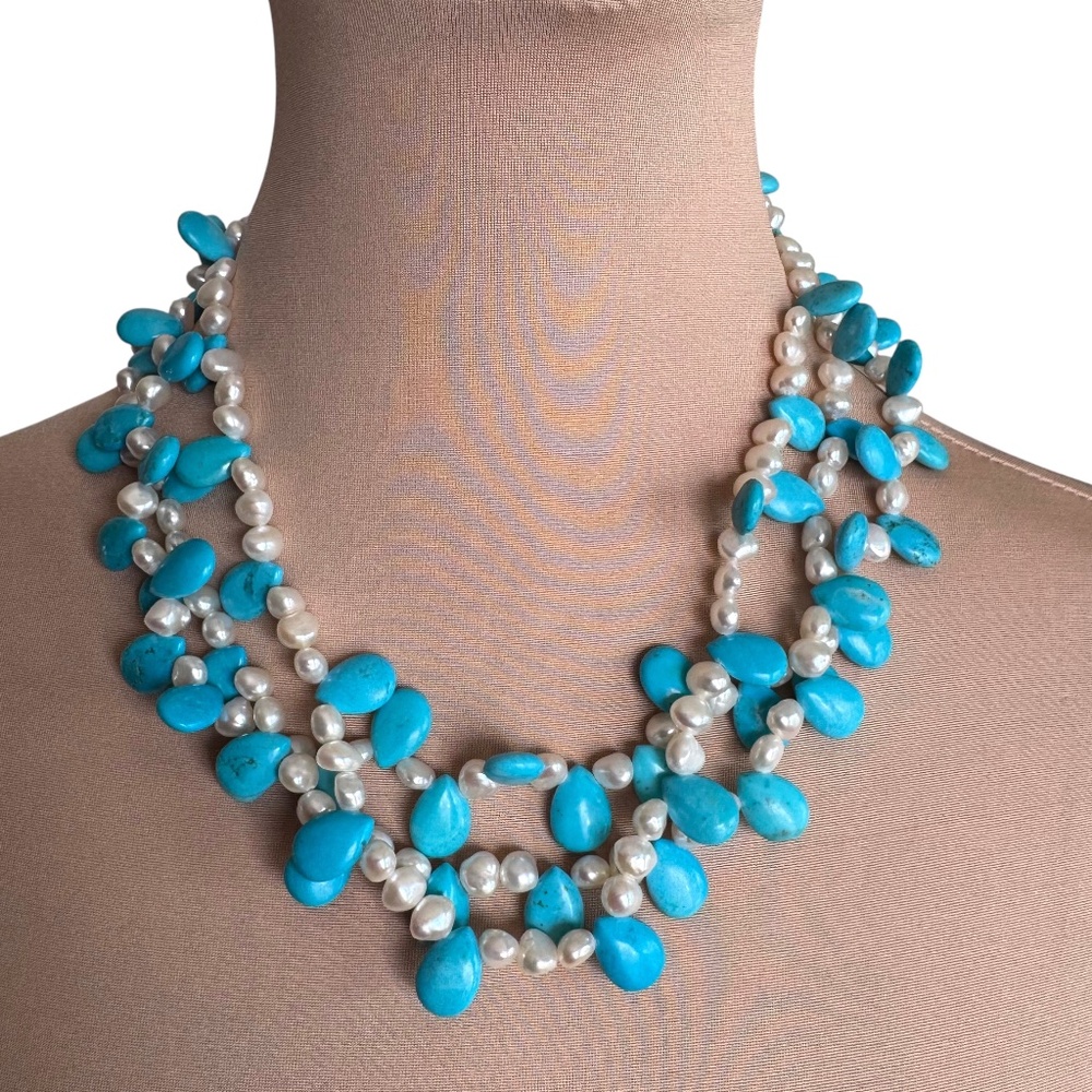 Freshwater Pearl & Turquoise Bead Multi Strand Necklace 19"